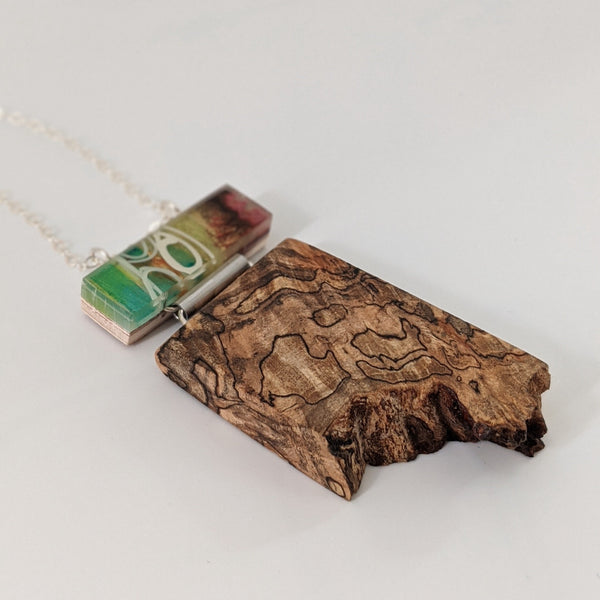Asymmetrical Necklace. Live Edge Wood and Hand painted Element