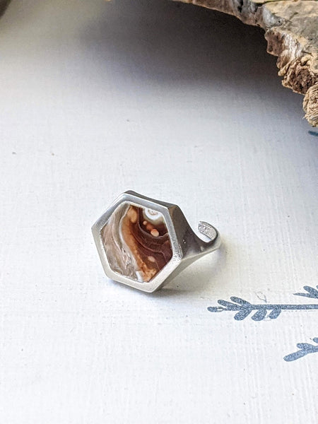 Caramel and White Hexagon Sterling Silver Adjustable Ring