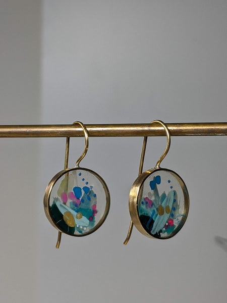 Circle Brass Earrings- Abstract Hand Painted Layers