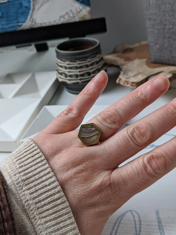 River stone Hexagon Brass and Eco-resin Ring