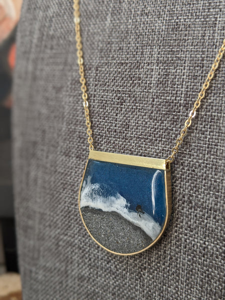 Volcanic Sand Beach Half Moon Brass and Resin Necklace