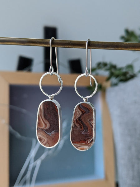 Chocolate And Caramel Swirls - Sterling Silver Elliptical Loop Earrings