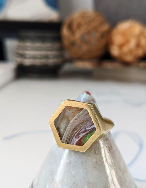 River stone Hexagon Brass and Eco-resin Ring