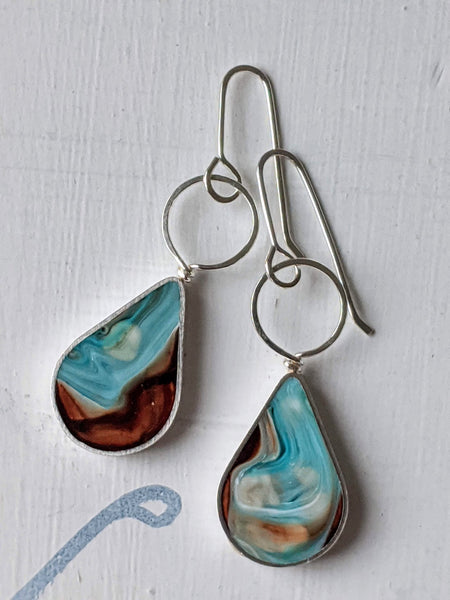 Brown and Blue Sterling Silver Teardrop Loop Earrings