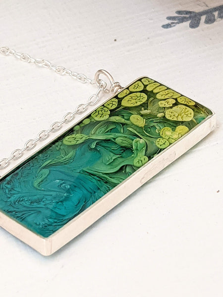 Blue Green Water Lilies Sterling Silver Necklace