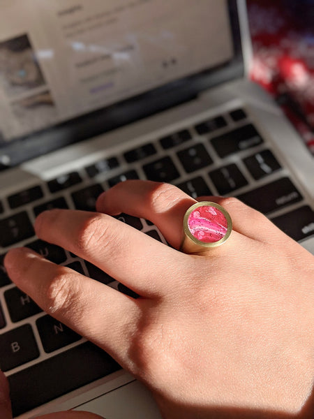 Coral Inky Pink - Circle Brass Adjustable Ring