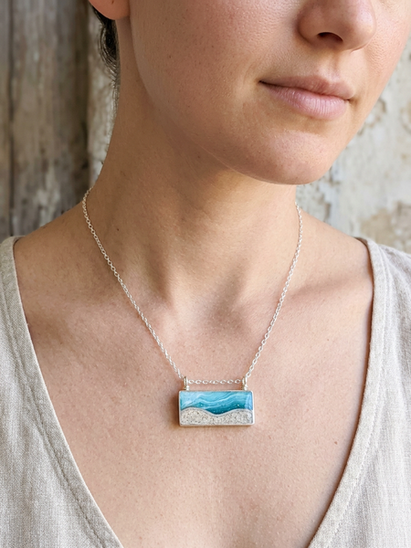 Beach Scene Necklace with Real Sand – Coastal Landscape Jewelry in Sterling Silver