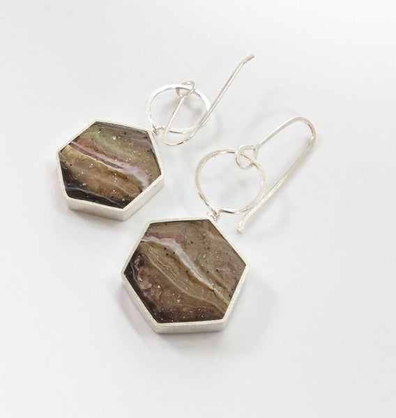 Sequoia Brown Sterling Silver Hexagon Loop Earrings