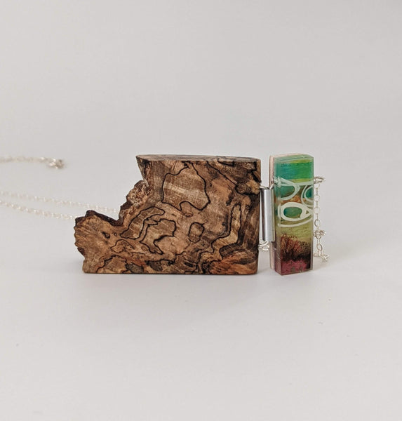 Asymmetrical Necklace. Live Edge Wood and Hand painted Element