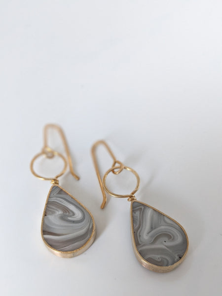 Gray Swirl Marbled Drop Brass Earrings