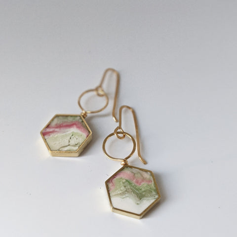 1900 Romance - Hexagon Dangle Earrings, White Marble Green and Pink Accents