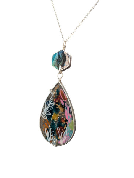 Hand Painted Necklace.Sterling Silver Large Drop Floral  Necklace