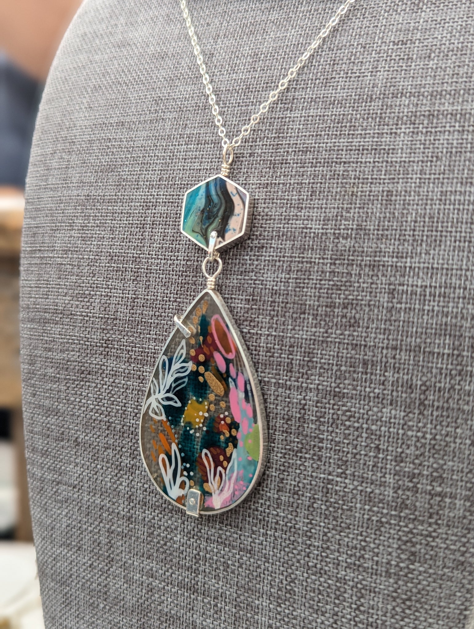 Hand Painted Necklace.Sterling Silver Large Drop Floral  Necklace