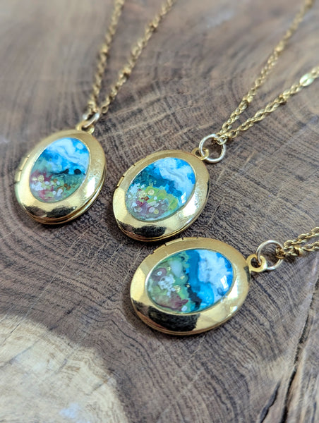 Hand Painted Landscape Locket – Gold-Plated with Clear Enamel