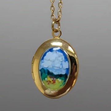 Hand Painted Landscape Locket – Gold-Plated with Clear Enamel