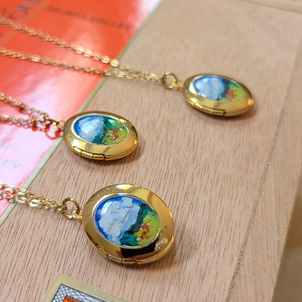 Hand Painted Landscape Locket – Gold-Plated with Clear Enamel