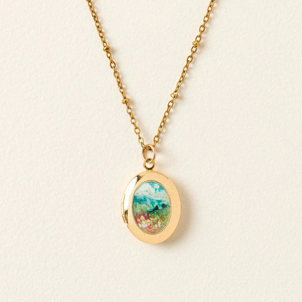 Hand Painted Landscape Locket – Gold-Plated with Clear Enamel