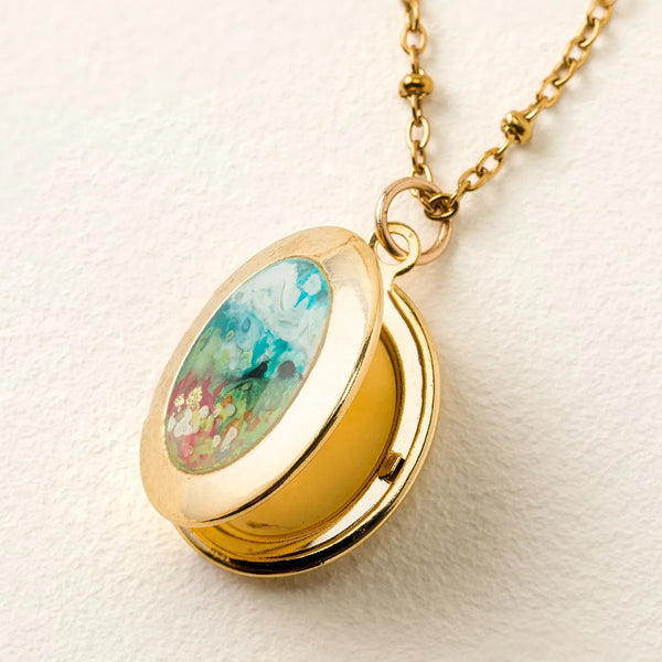 Hand Painted Landscape Locket – Gold-Plated with Clear Enamel