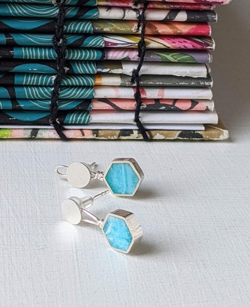 Light Blue Hexagon Sterling Silver Dangle/Post Earrings