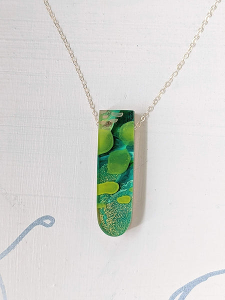 Green Water Lilies Hand Painted Wood and Eco-resin Necklace -Abstract Hand Painted Layers
