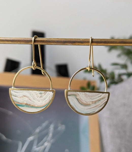 White Marbled Dangle Resin and Brass Earrings