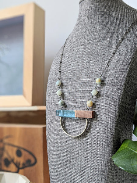 Horizontal Sky Light Blue Wood and Resin Necklace