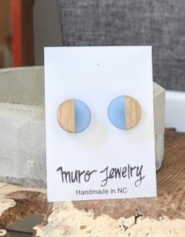 Cloudy Sky Circle Wood and Sterling Silver Resin Post Earrings