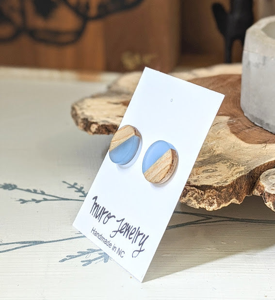 Cloudy Sky Circle Wood and Sterling Silver Resin Post Earrings