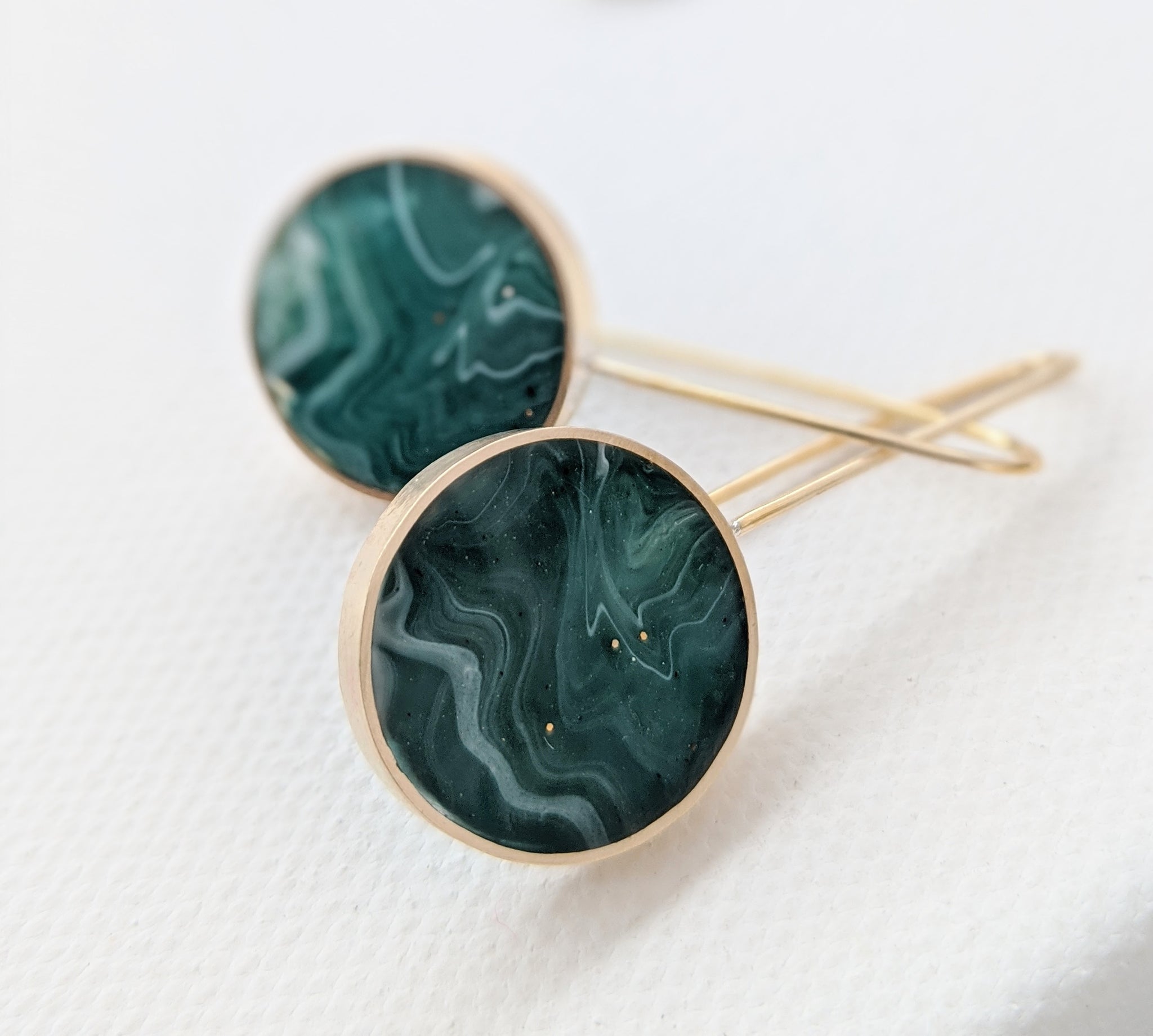 Green-Blue Eco-resin and Brass Circle Earrings