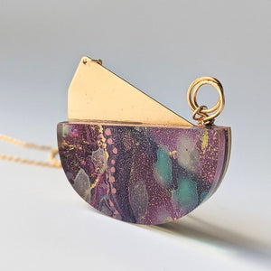 Plum Hand Painted Wood and Resin Necklace - Abstract Hand Painted Layers