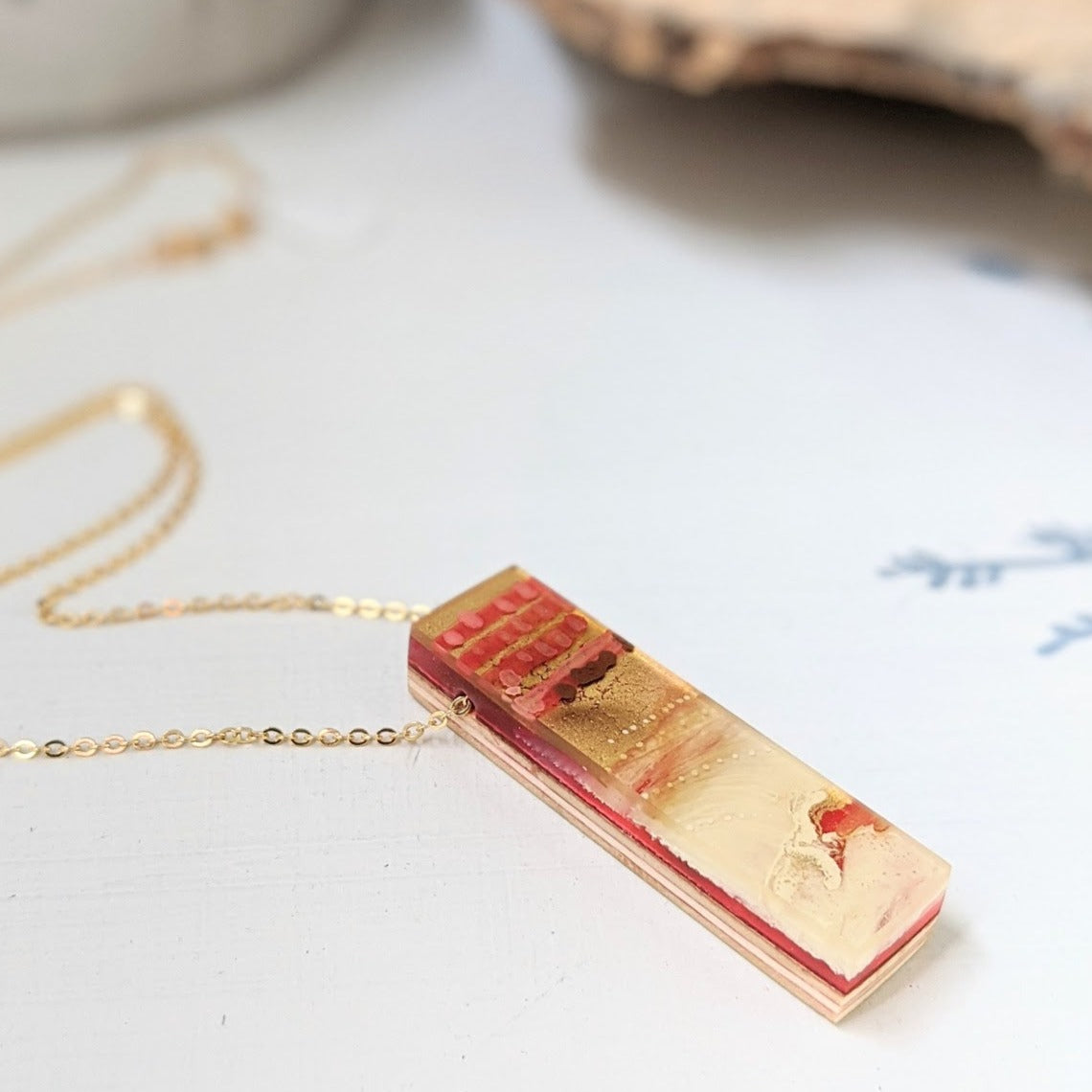 Golden and Red Pendant - Abstract Hand Painted Layers