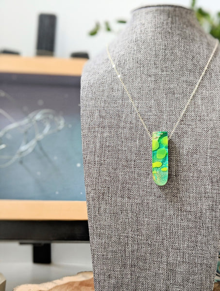 Green Water Lilies Hand Painted Wood and Eco-resin Necklace -Abstract Hand Painted Layers