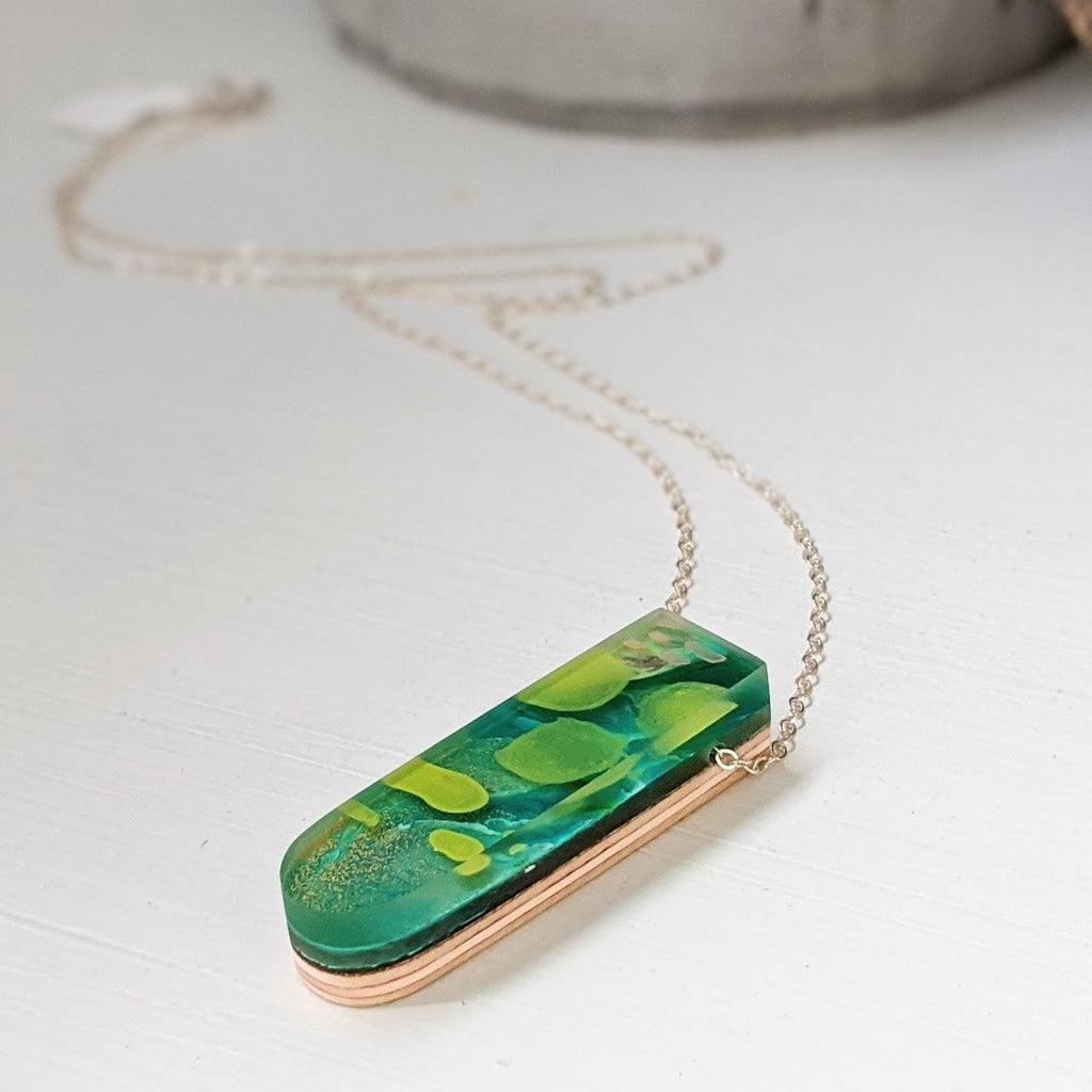 Green Water Lilies Hand Painted Wood and Eco-resin Necklace