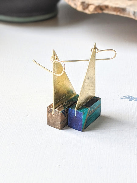 The Golden Triangle - Hand Painted Wood and Brass Earrings