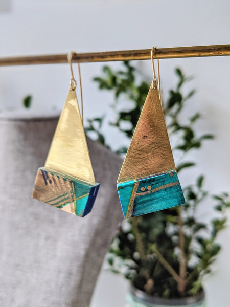 The Golden Triangle - Hand Painted Wood and Brass Earrings