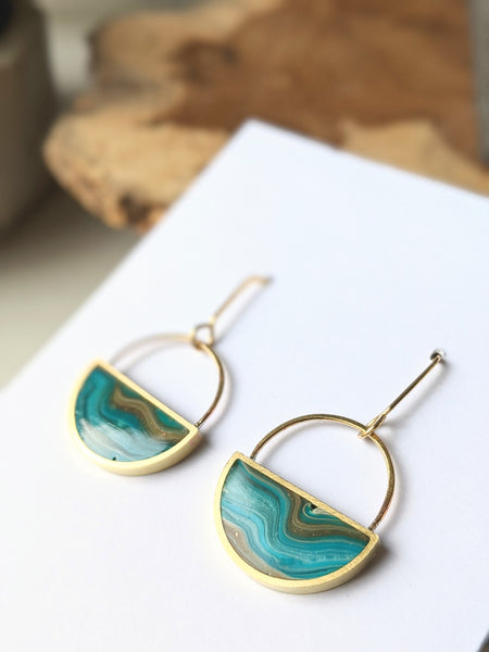 Marbella Blue Marbled Dangle Resin and Brass Earrings