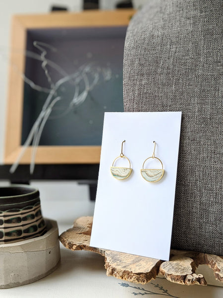 White Marbled Dangle Resin and Brass Earrings