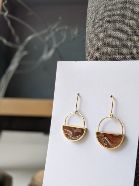 Smoky Red Marbled Dangle Resin and Brass Earrings