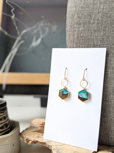 Earth and Sky Eco-resin and Brass Hexagon Loop Earrings