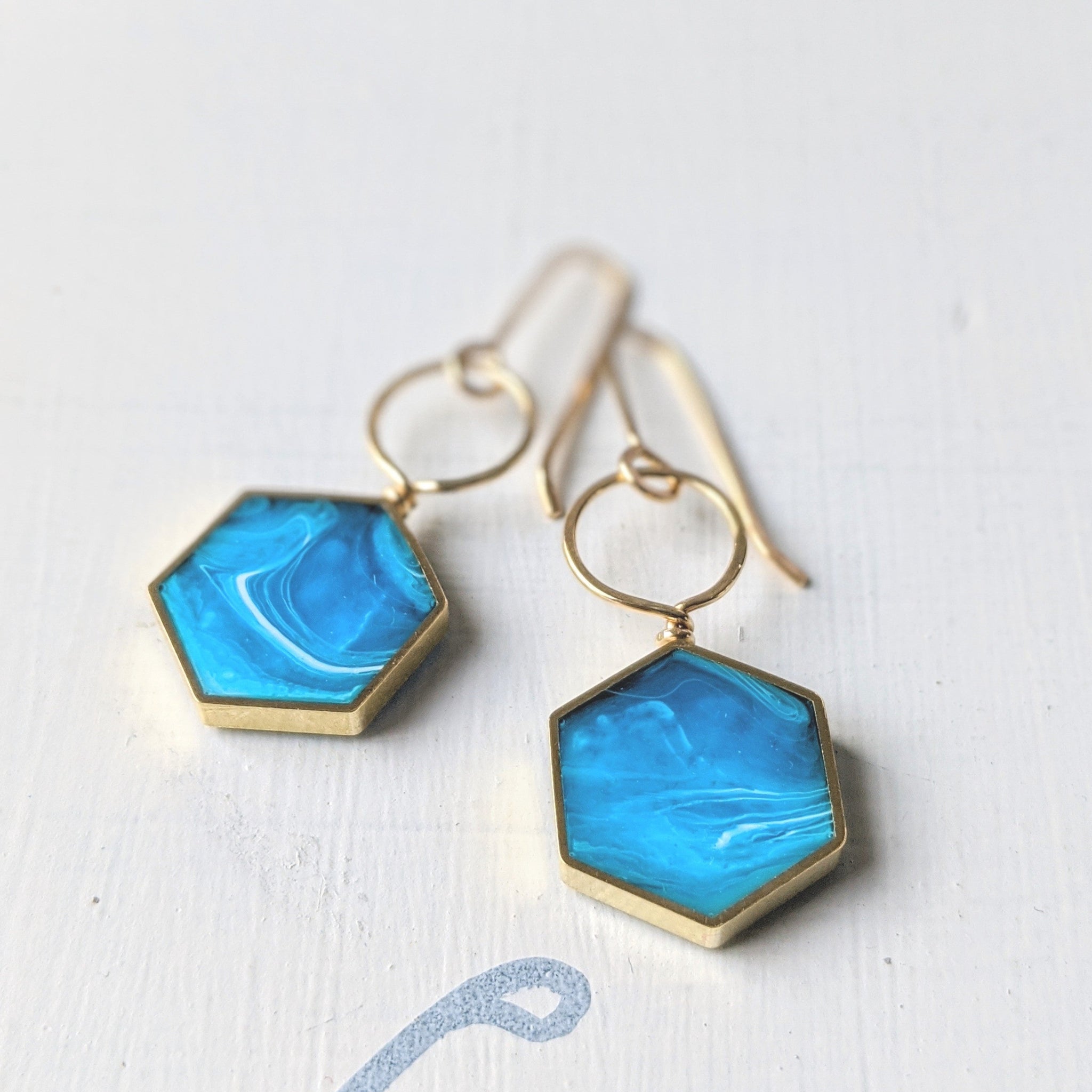 Blue Sea Resin and Brass Hexagon Loop Earrings