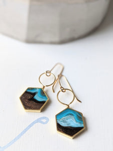 Earth and Sky Eco-resin and Brass Hexagon Loop Earrings
