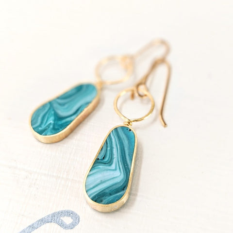 Pool Reflections - Blue and White Brass Elliptical Loop Earrings