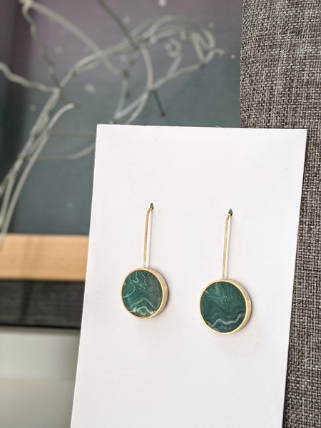 Green-Blue Eco-resin and Brass Circle Earrings