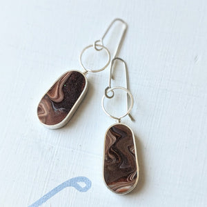Chocolate And Caramel Swirls - Sterling Silver Elliptical Loop Earrings