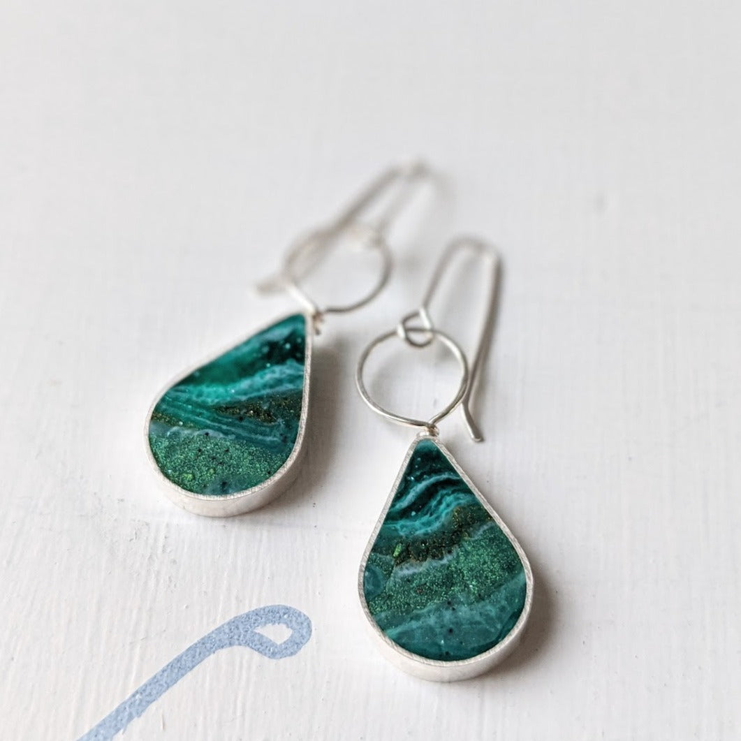 Forest Green Swirl Sterling Silver Teardrop Loop Earrings