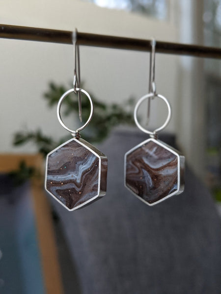 Sequoia Brown Sterling Silver Hexagon Loop Earrings