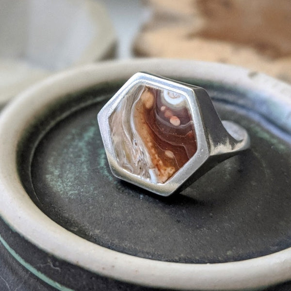 Caramel and White Hexagon Sterling Silver Adjustable Ring