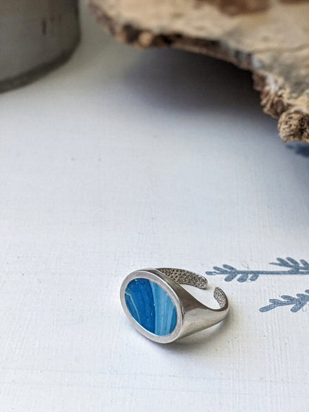 Blue and White Oval Sterling Silver Ring