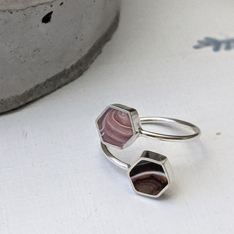 Rose and Brown Sterling Silver Hexagons Adjustable Ring