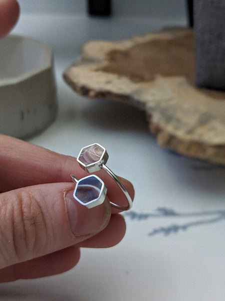 Rose and Brown Sterling Silver Hexagons Adjustable Ring